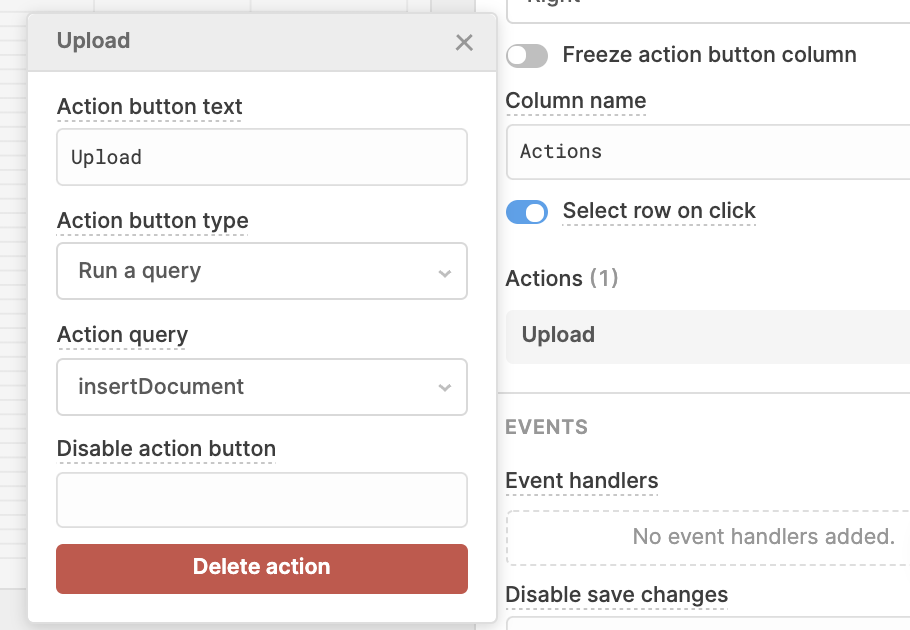 Linking the table’s upload button action to the “insertDocument” query