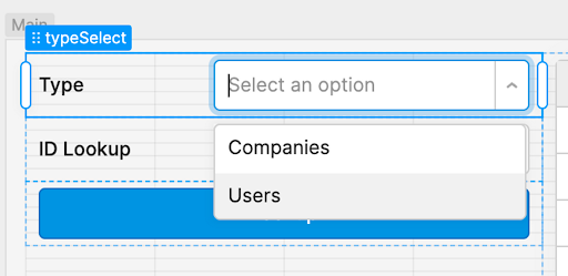 The typeSelect component in action, showing "Companies" and "Users" in a drop down.