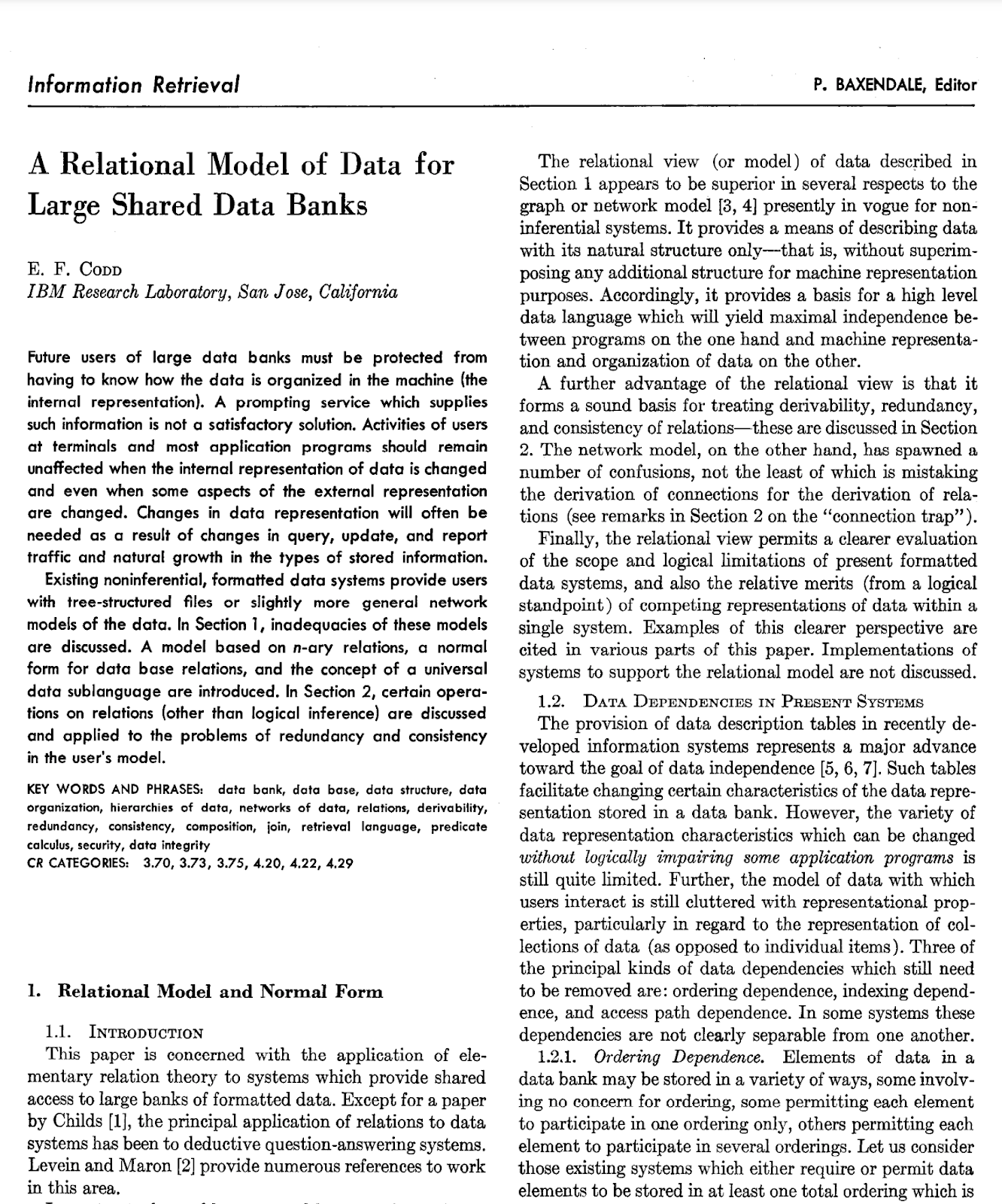 Screenshot of the "A Relational Model of Data for Large Shared Data Banks" newspaper article