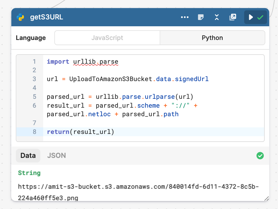 Extract the S3 URL from the response sent by Amazon S3 using a Python Code block