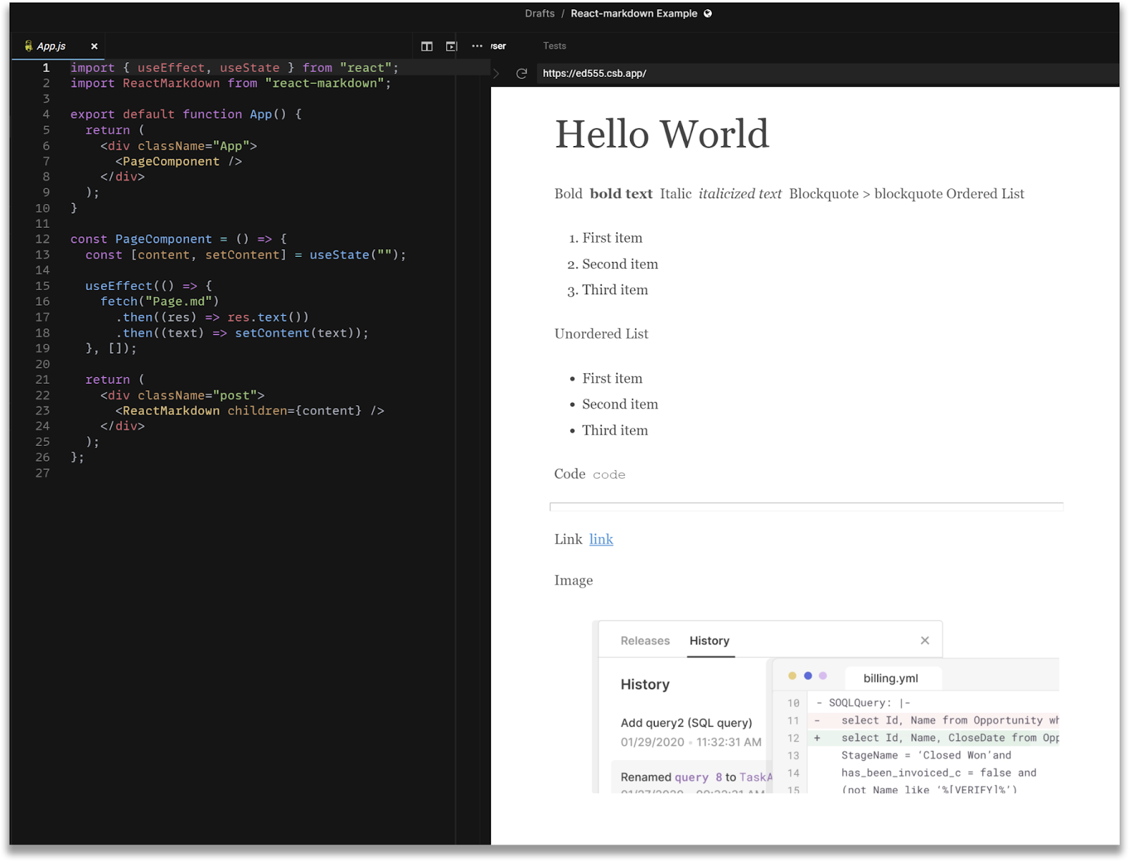 screenshot of react-markdown in action